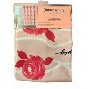 New Juicy Couture Pink White Floral Roses Fabric Shower Curtain Hooks 70x72